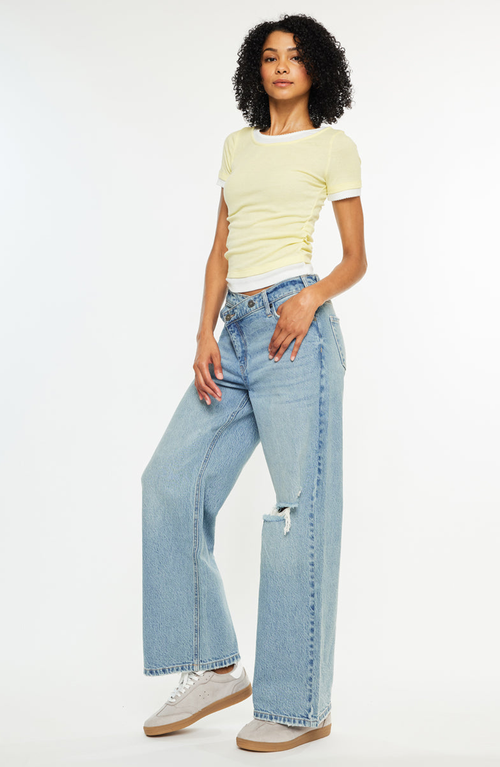 Kancan Cynn Low-slung Crossover Wide Leg Jeans In Blue