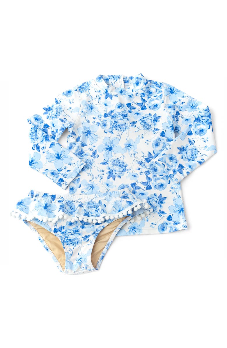 Shade Critters Kids' Hibiscus Rose Long Sleeve Two-Piece UPF 50+ Rashguard Swimsuit, Main, color, Blue