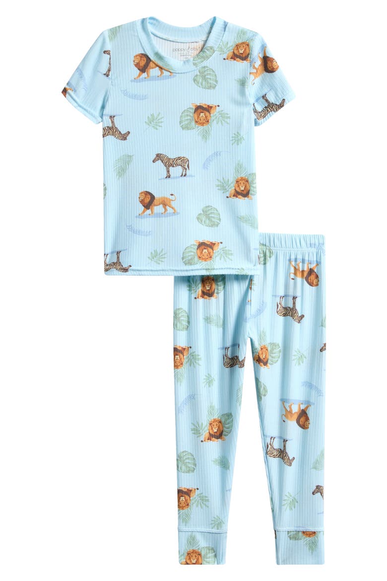 Printed Stretch Viscose Pajama Set, Main, color, BLUE ANIMAL PRINT