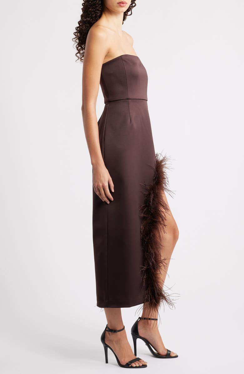 Delfi Collective Jocelyn Feather Detail Strapless Satin Cocktail Sheath Dress, Alternate, color, Chocolate