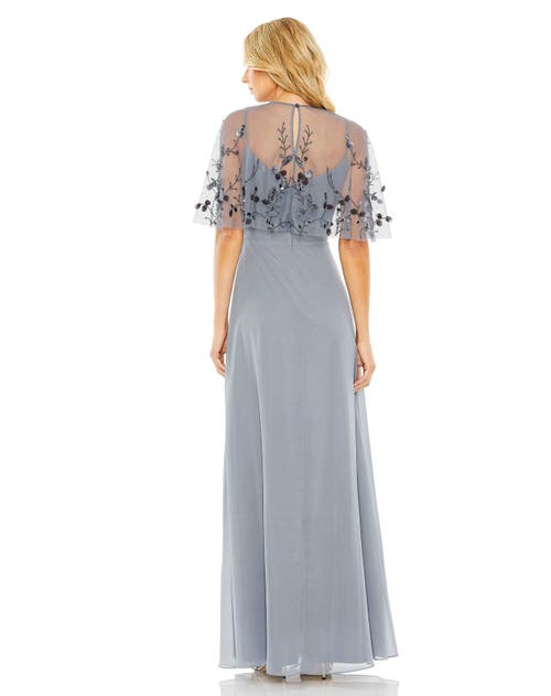 Mac Duggal Sleeveless Gown With Embellished Cape In Slate Blue