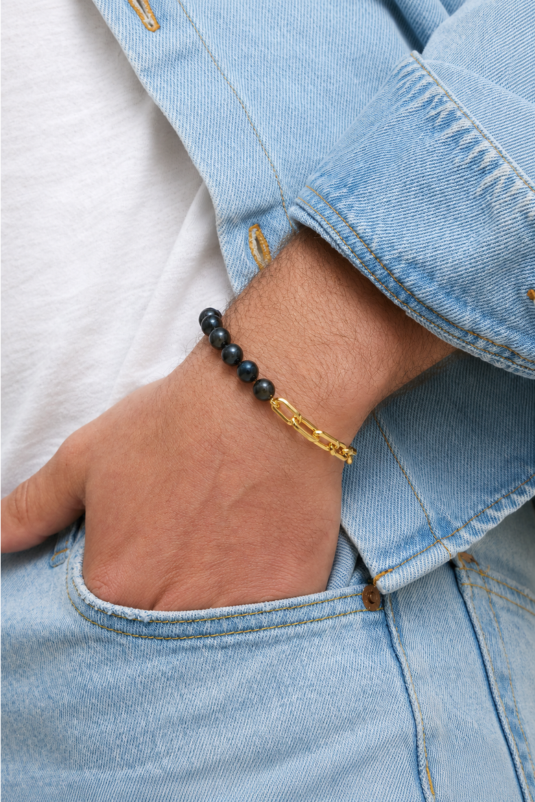 7.5-8.0mm Black Freshwater Pearl & Chain Blake Bracelet, Alternate, color, Yellow Gold Fill Chain