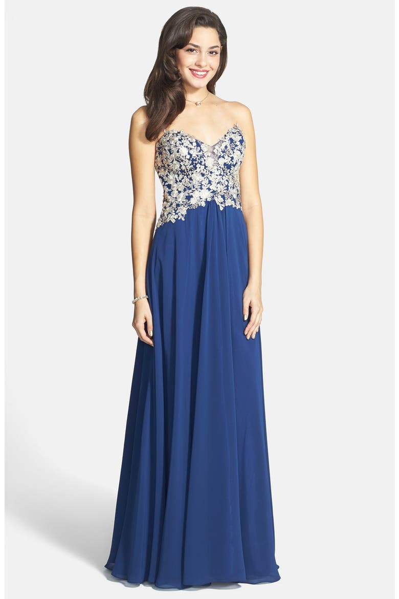 Embroidered Chiffon Gown, Main, color, NAVY