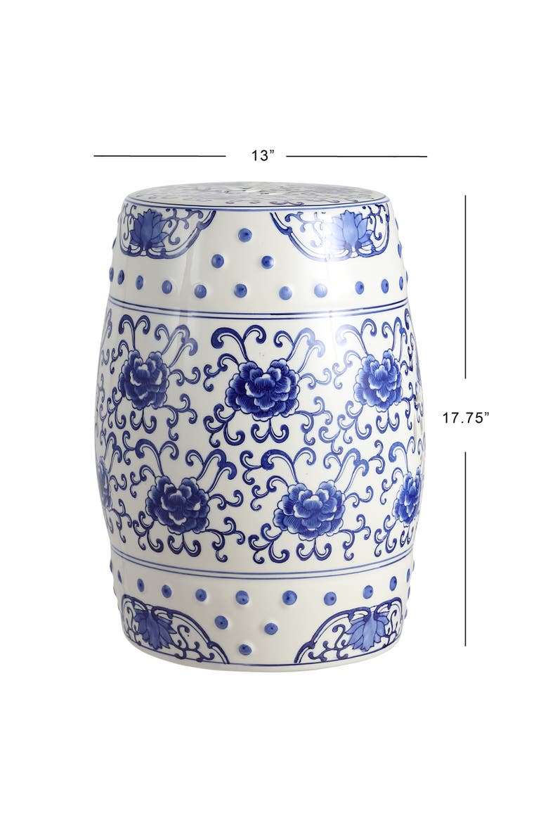 Lotus Flower Traditional Floral Chinoiserie Ceramic Drum Garden Stool, Pierced Indoor/Outdoor Patio Seat & Side Table, Alternate, color, Blue/White