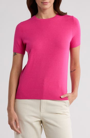 Nordstrom Slim Fit Short Sleeve Sweater In Pink Flash