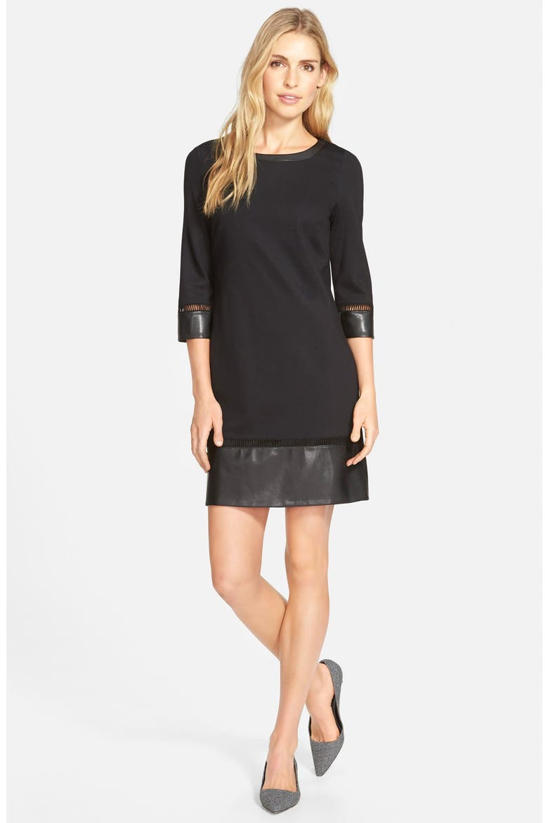 Ponte & Faux Leather Dress, Alternate, color, BLACK