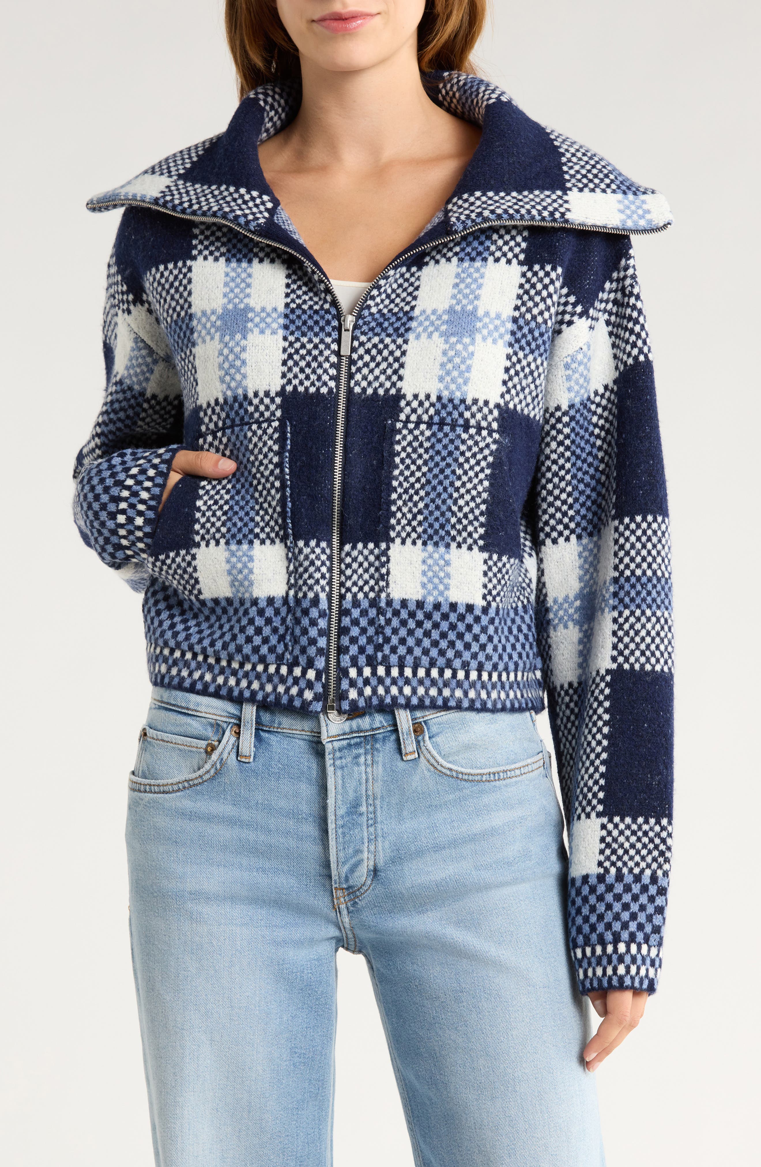 Vigoss Plaid Sweater Bomber Jacket