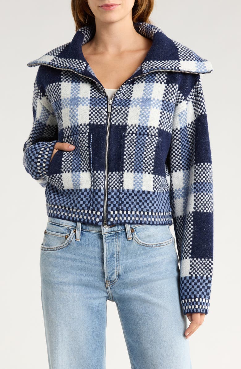 Vigoss Plaid Sweater Bomber Jacket, Main, color, Navy Plaid