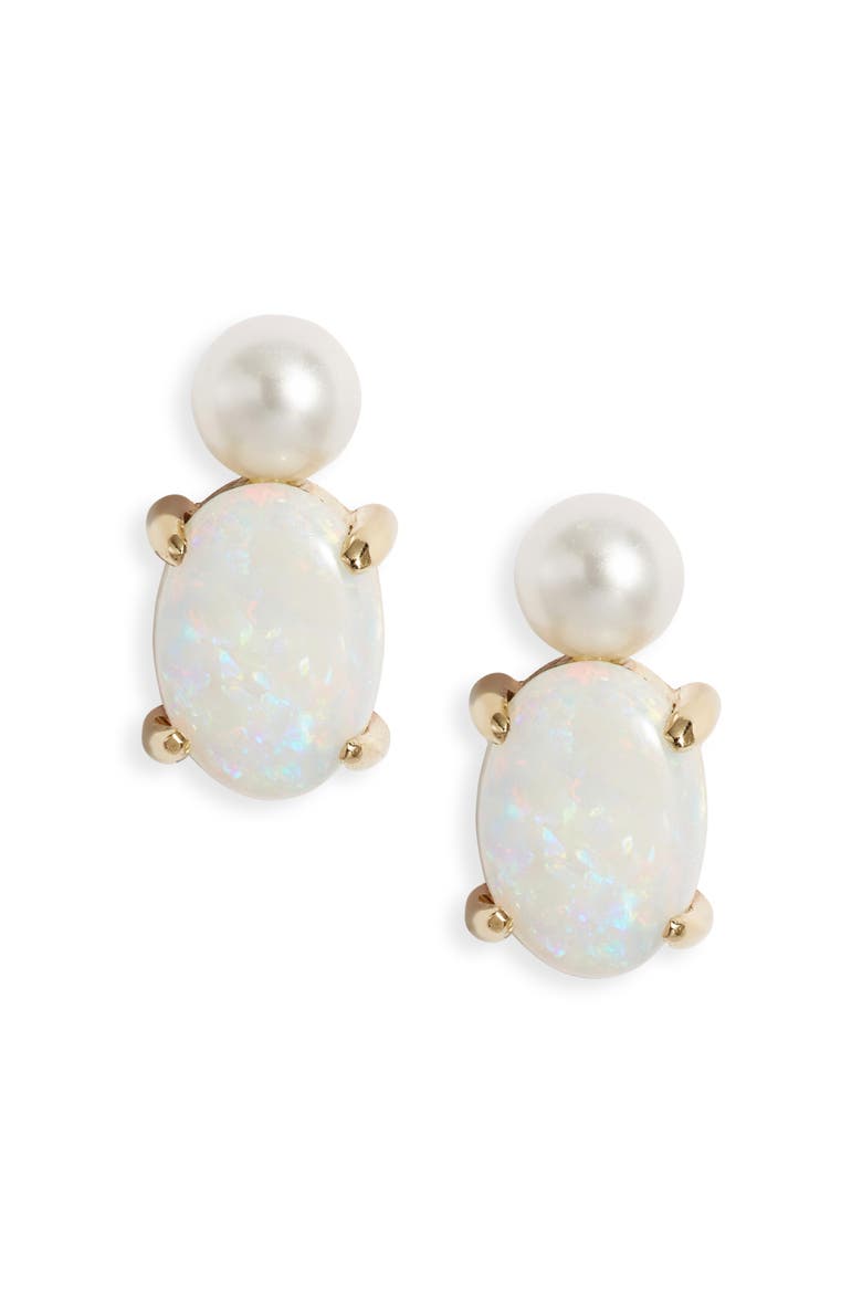 Opal & Cultured Pearl Stud Earrings, Main, color, 14KYG