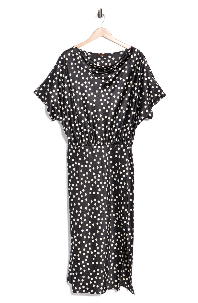Renee C Polka Dot Short Sleeve Satin Midi Dress, Main, color, Black