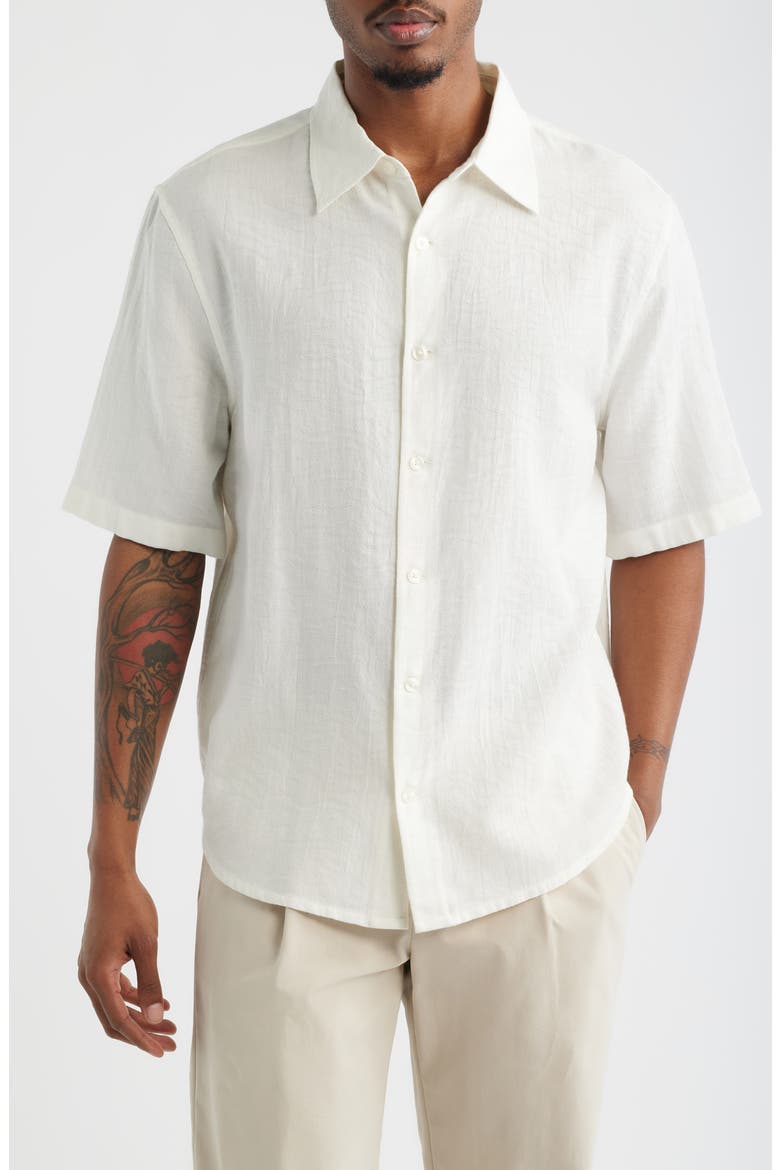 Dune Oversize Short Sleeve Jacquard Button-Up Shirt, Main, color, IVORY EGRET