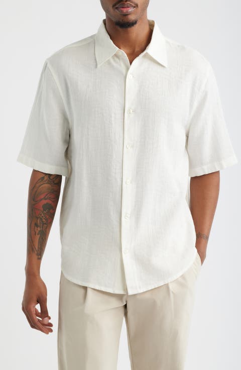 Dune Oversize Short Sleeve Wool Blend Jacquard Button-Up Shirt