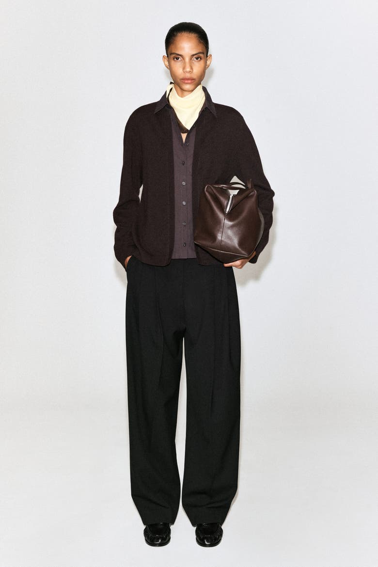 Shirt-Detail Merino Wool Cardigan, Alternate, color, BROWN