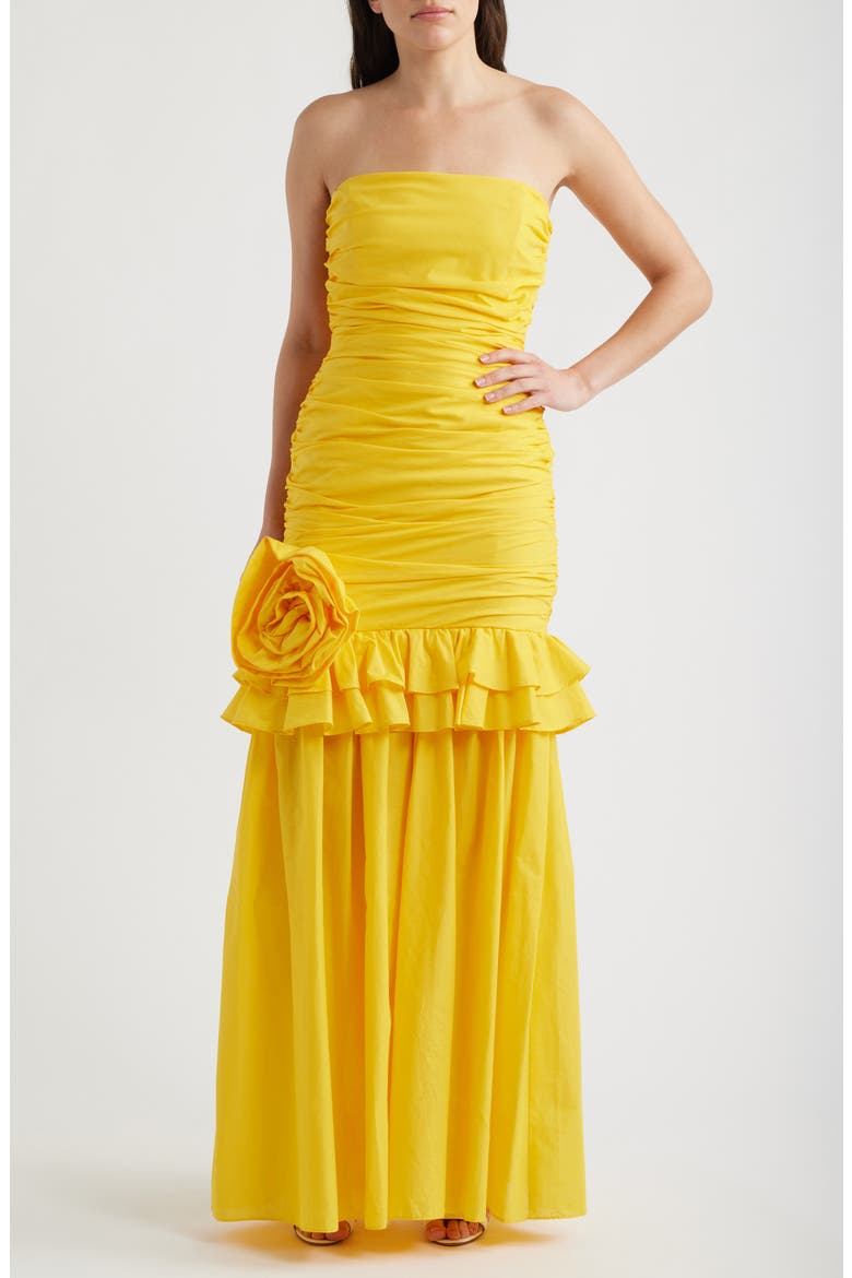 Solea Floral Appliqué Strapless Gown, Main, color, LEMON TONIC