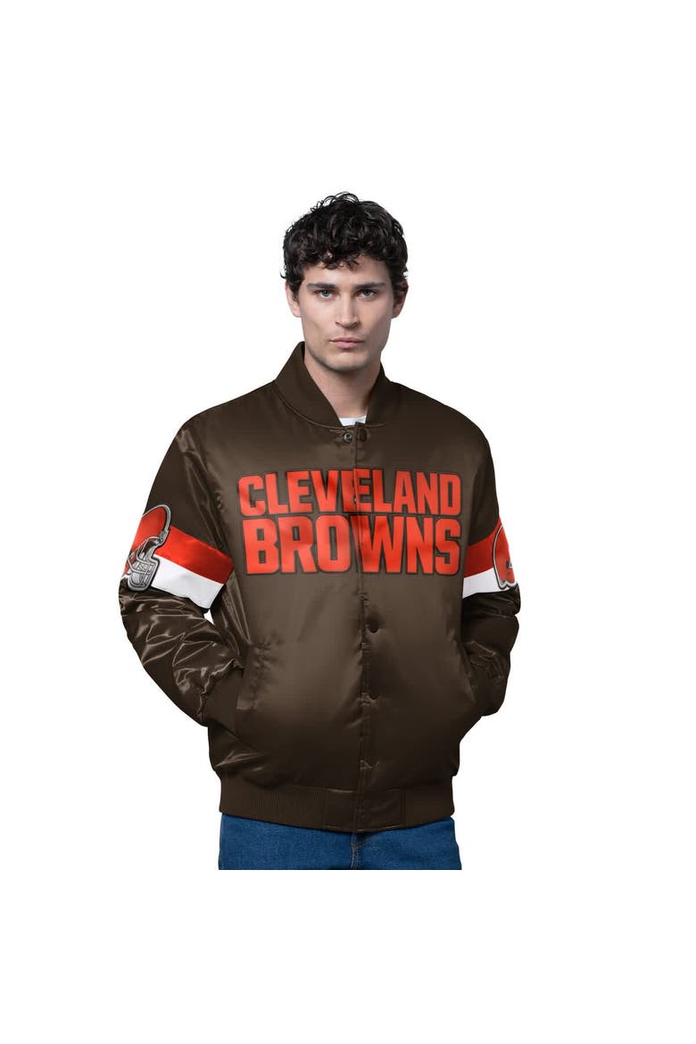 Men's Starter Brown Cleveland Browns Triple Option Satin Varsity Full-Snap Jacket, Main, color, Brown