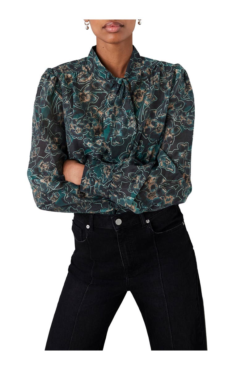 MINT VELVET Paisley Print Long Sleeve Tie-Neck Blouse, Main, color, Green