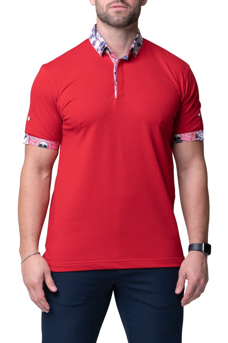 Mozart Solid Ripple Red Piqué Button-Down Polo, Alternate, color, RED