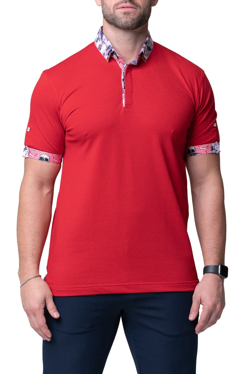 Maceoo Mozart Solid Ripple Red Piqué Button-Down Polo, Alternate, color, Red
