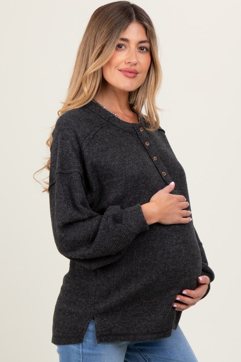 Oversized Ribbed Knit Henley Sweater, Alternate, color, Charcoal Grey