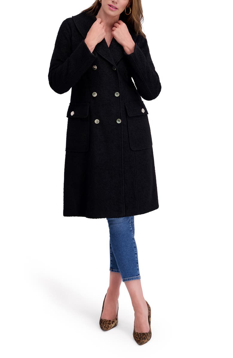 Kensie Double Breasted Bouclé Walker Coat, Alternate, color, Black
