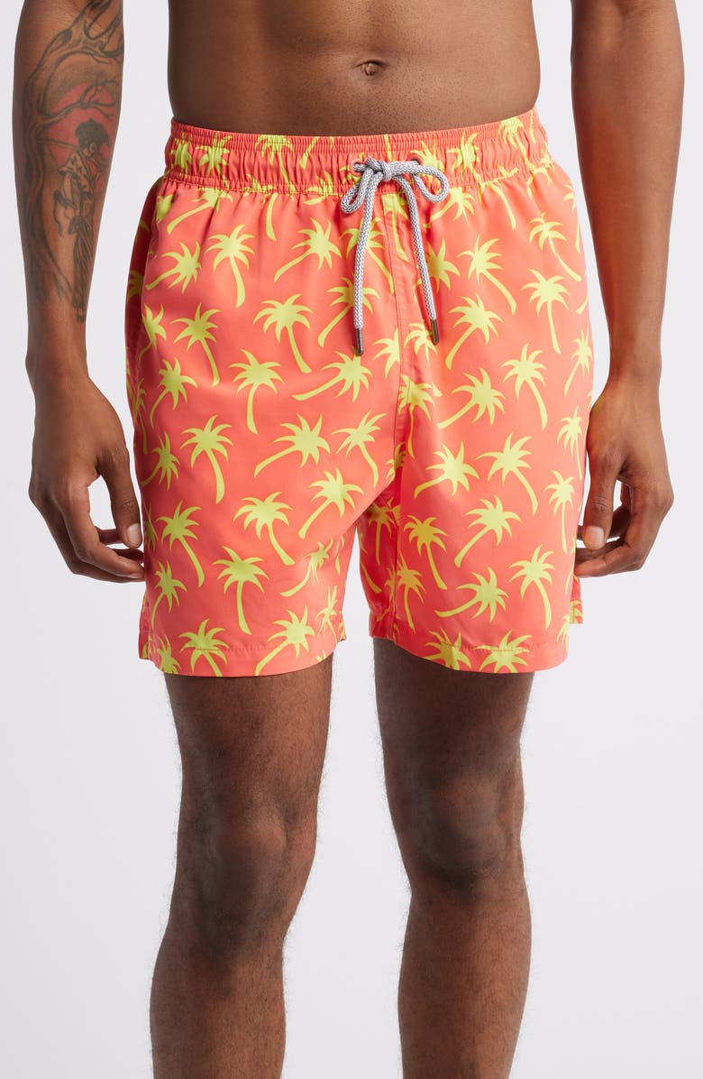 Tom & Teddy Palm Tree Print Performance Swim Trunks, Main, color, 