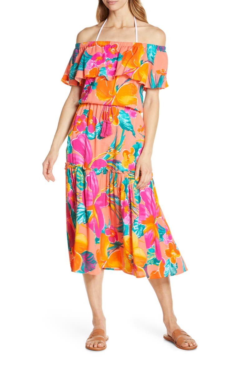 Isla Off the Shoulder Cover-Up Midi Dress, Main, color, HOT CORAL