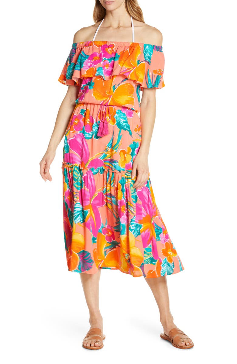 La Blanca Isla Off the Shoulder Cover-Up Midi Dress, Main, color, 