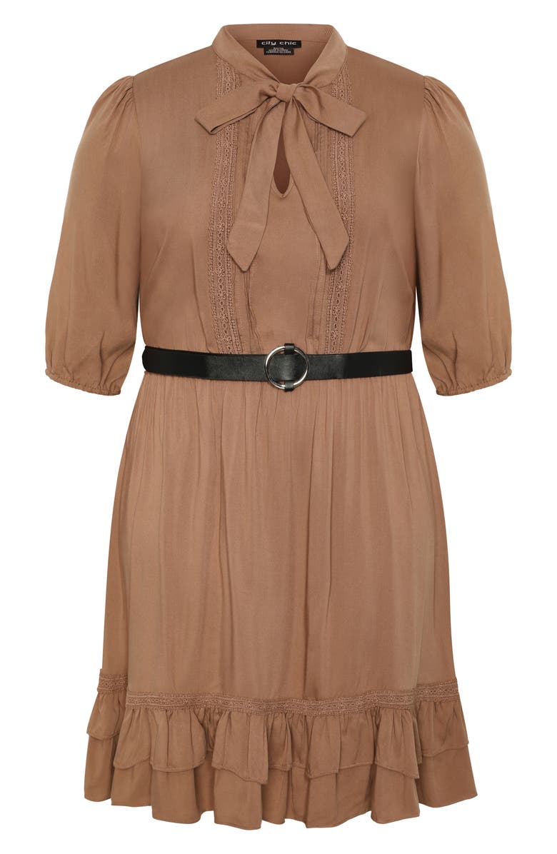 City Chic Precious Tie Neck Belted Long Sleeve Dress, Alternate, color, 