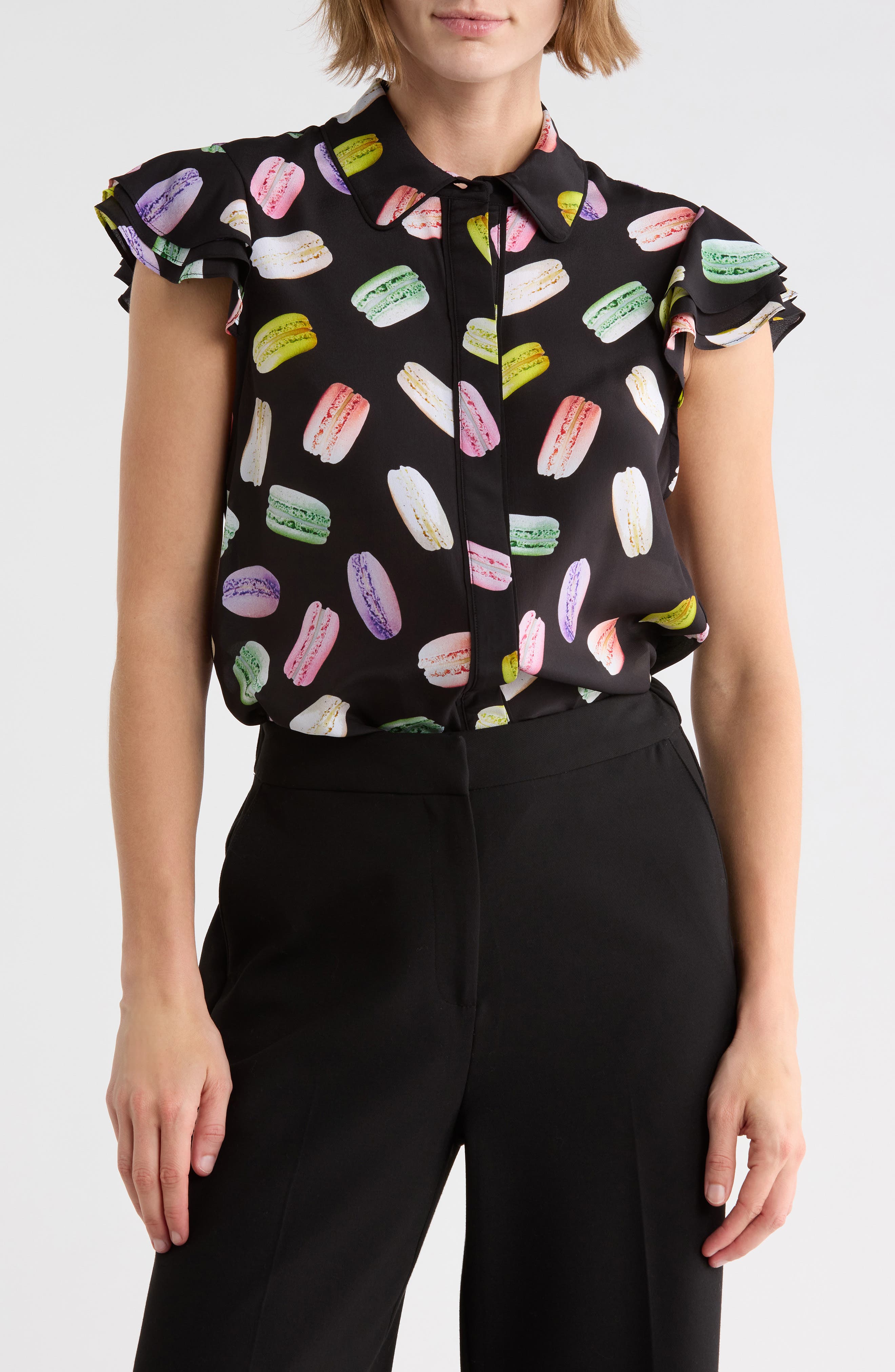 Eli Flutter Sleeve Silk Button-Down Blouse