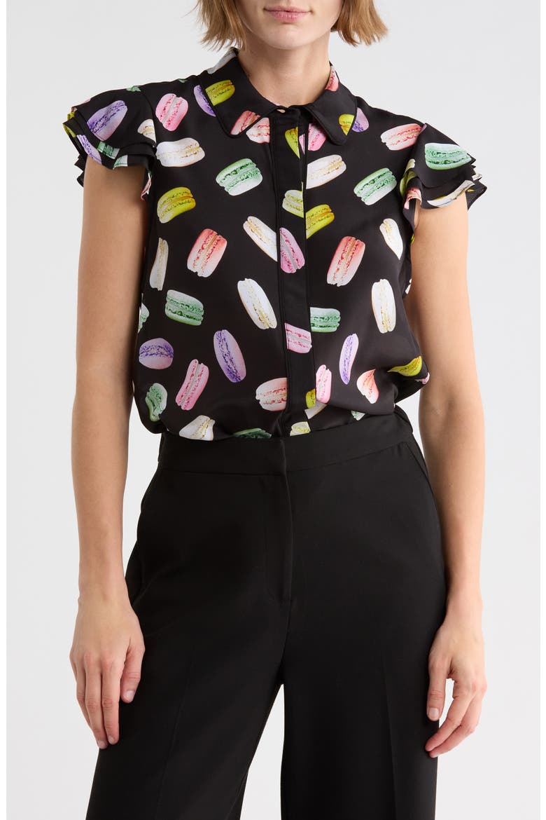 Eli Flutter Sleeve Silk Button-Down Blouse, Main, color, SUNDAY MACAROONS BLACK