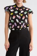 ALICE + OLIVIA Eli Flutter Sleeve Silk Button-Down Blouse