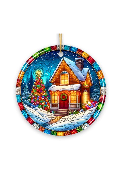 Snowy Winter Cottage Stained Glass Style Ornament