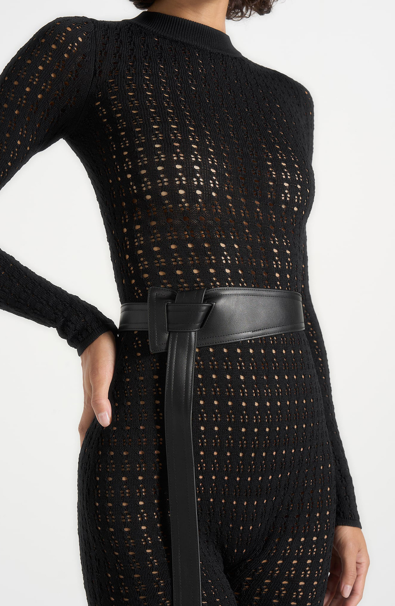 Manière De Voir Tiana Pointelle Knit Long Sleeve Jumpsuit with Belt, Alternate, color, Black