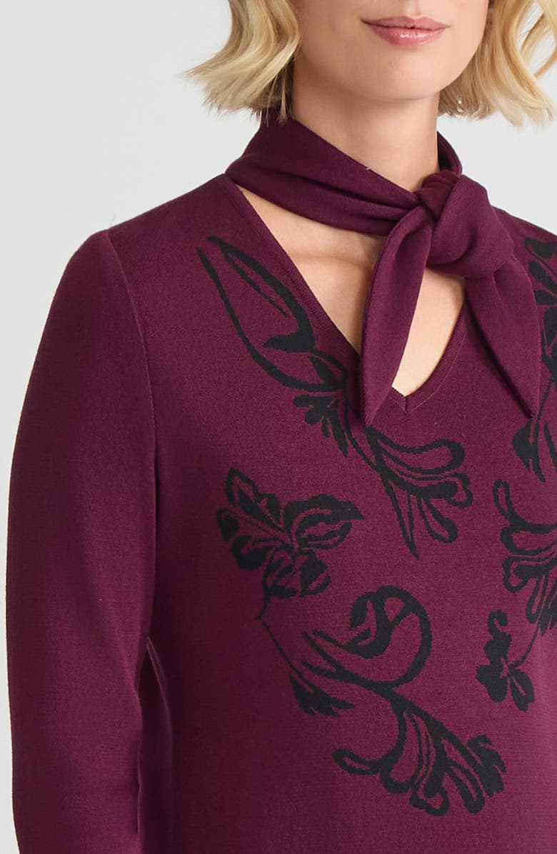 Ming Wang Tie-Neck Floral Jacquard Soft Knit Tunic, Alternate, color, Midnight Violet/Black