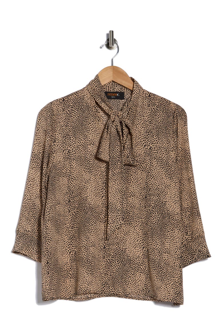 Tie Neck Three-Quarter Sleeve Top, Alternate, color, TAUPE