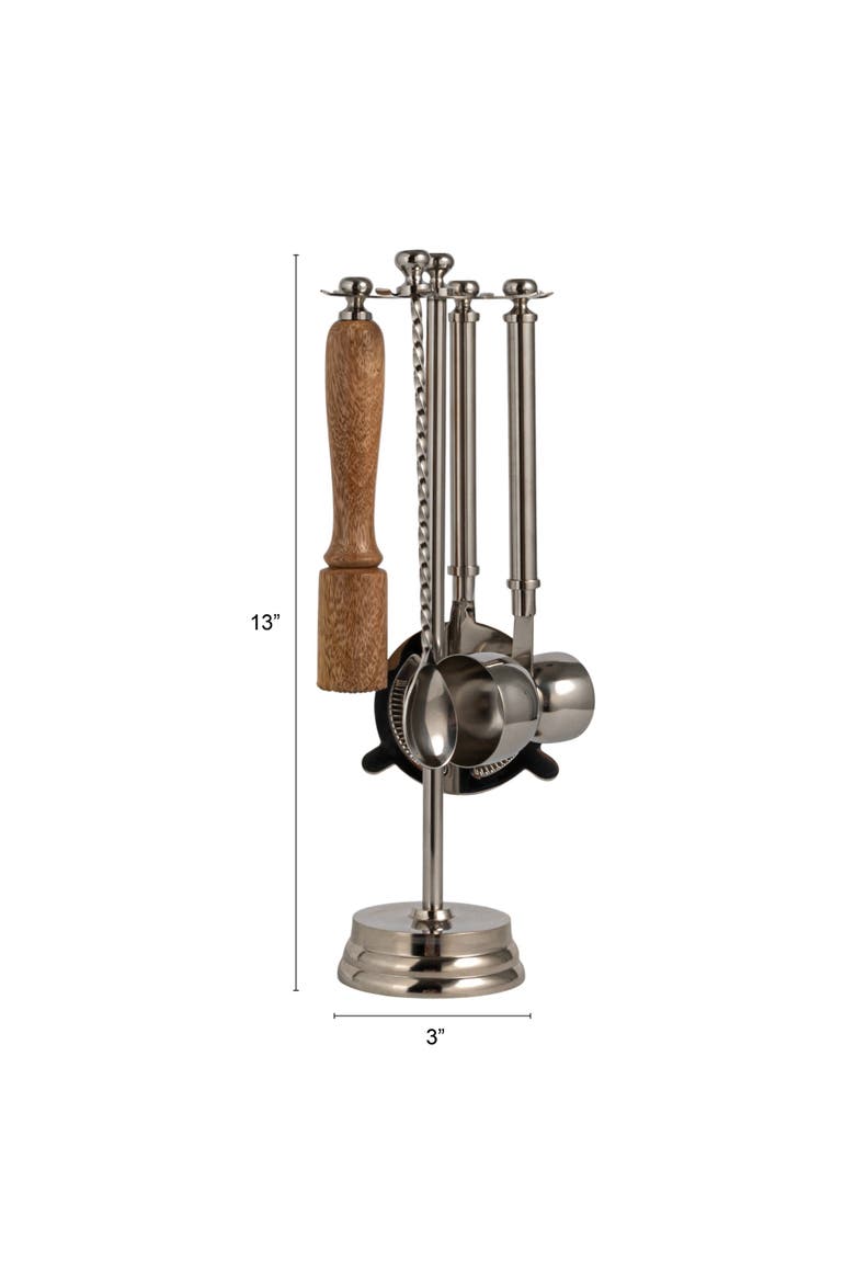 5-Piece Stainless Steel and Mango Wood Bar Tools with Stand, Nickel Finish and Natural, Alternate, color, Silver