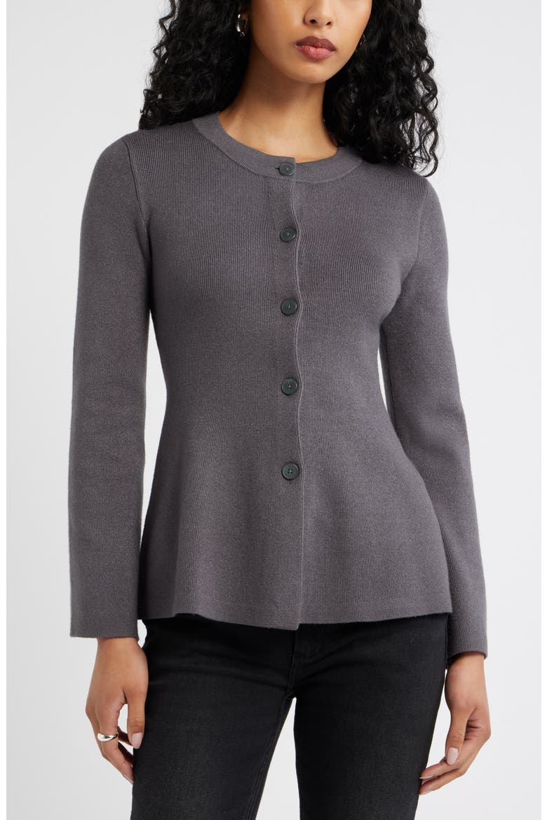 Button Front Peplum Cardigan, Main, color, GREY MEDIUM CHARCOAL HEATHER
