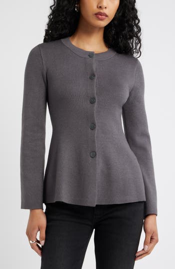 Open Edit Button Front Peplum Cardigan In Multi