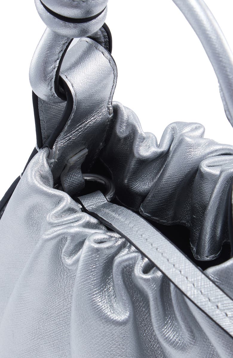 behno Mini Tina Ruched Metallic Leather Baguette Top Handle Bag, Alternate, color, Silver