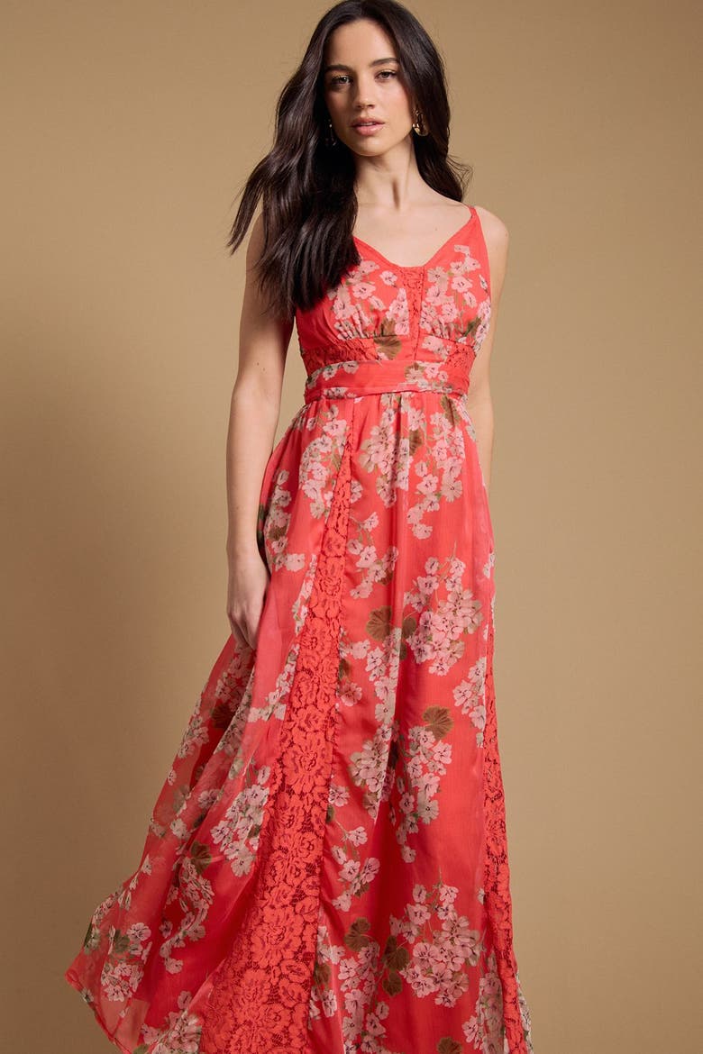 Lace Panelled Waist Pleated Maxi Dress, Alternate, color, Orange