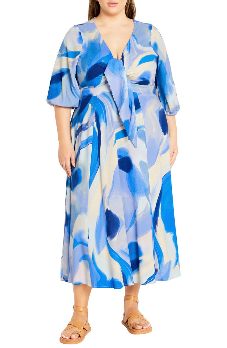 City Chic The Swirl Tie Front Midi Dress, Main, color, Print