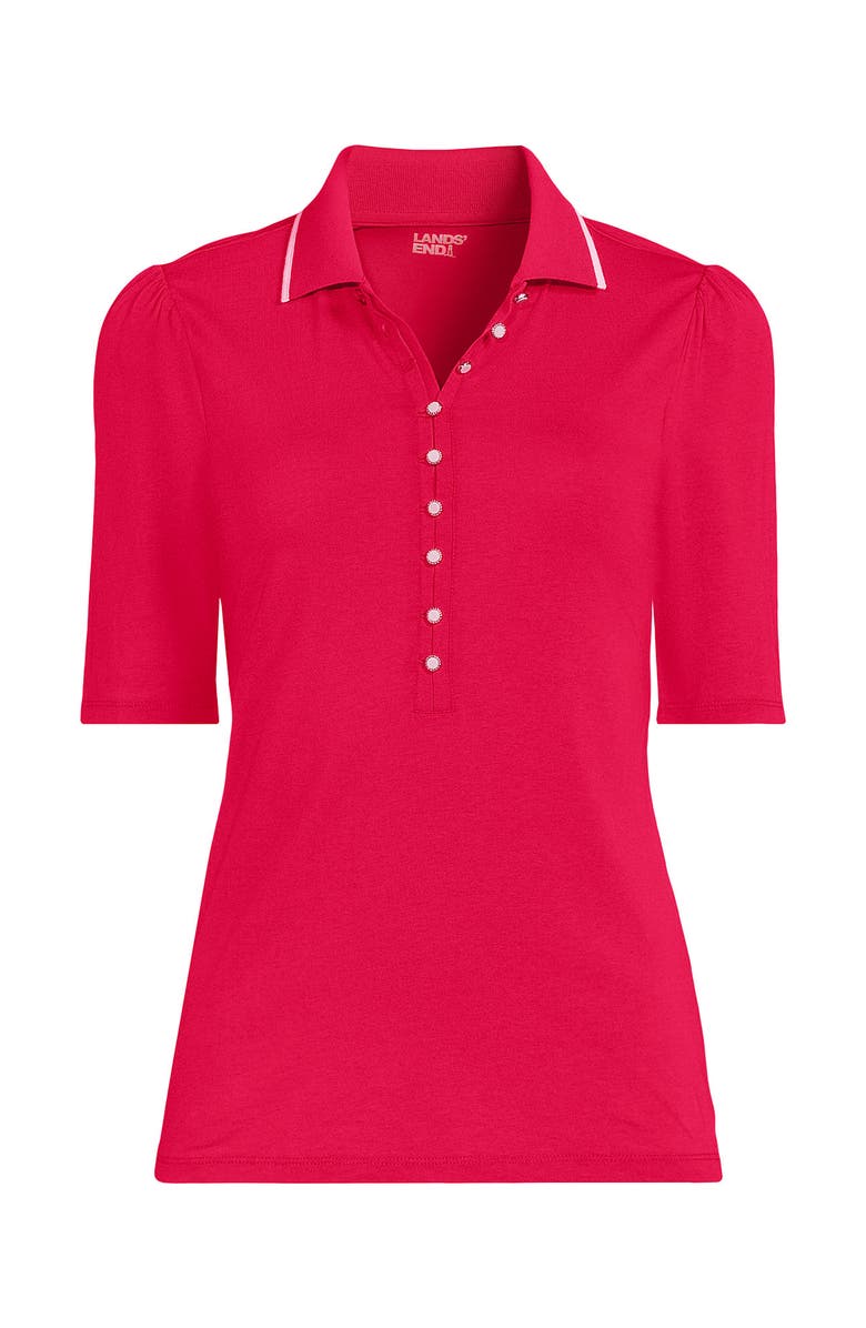 Lands' End Elbow Sleeve Lightweight Jersey Embellished Polo, Alternate, color, Berry Rouge/Ivory