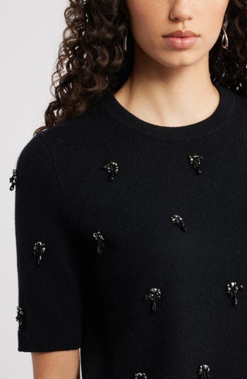 Embellished Short Sleeve Wool & Cashmere Sweater
