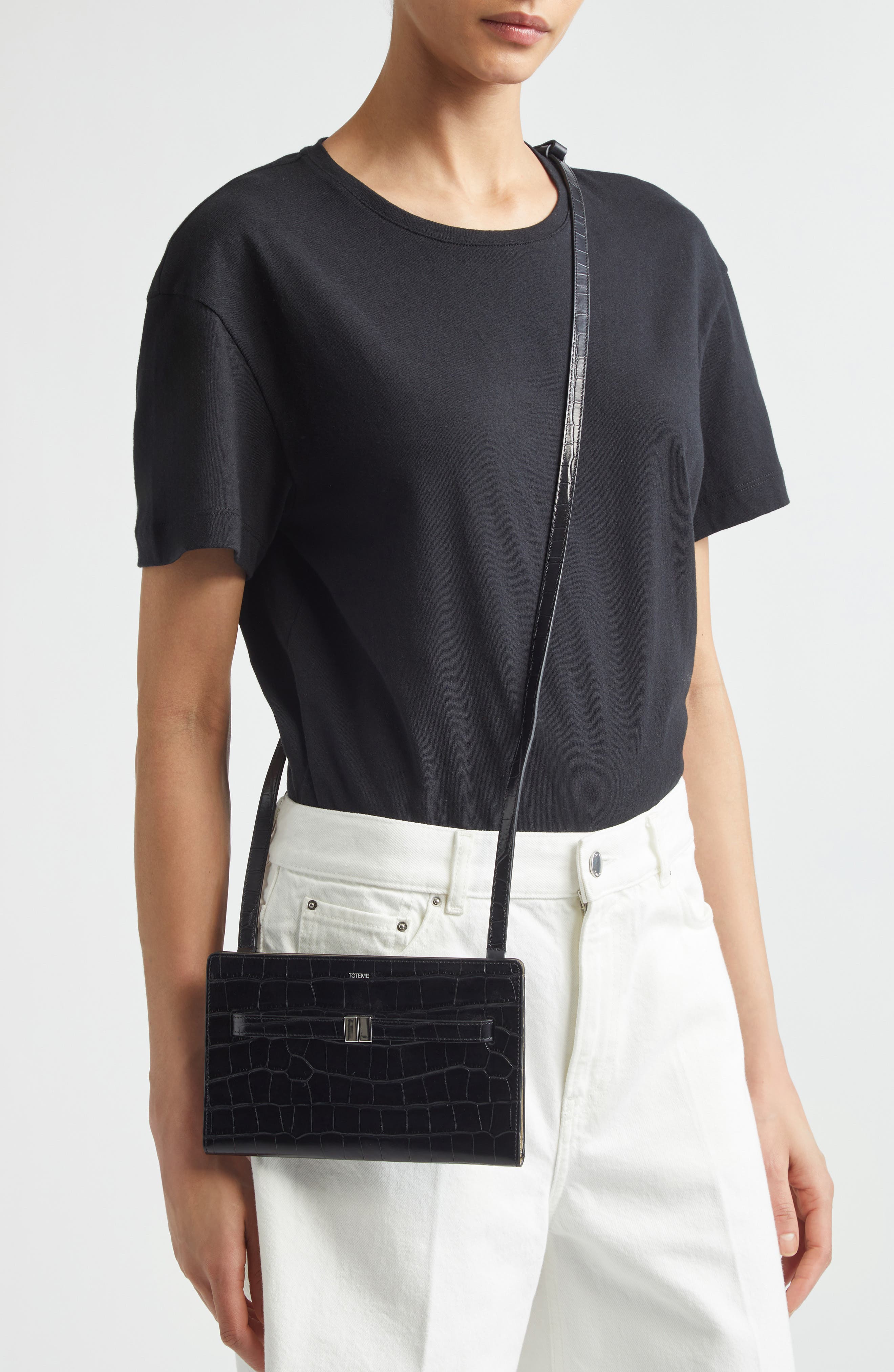 Belted Croc Embossed Leather Crossbody Bag, Alternate, color, BLACK