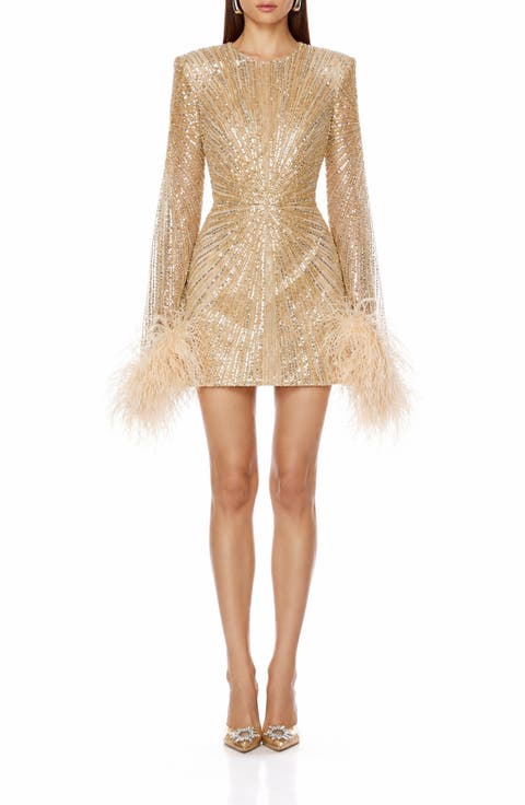 Tokyo Sequin & Feather Detail Long Sleeve Cocktail Minidress