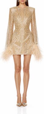 BRONX BANCO Tokyo Sequin & Feather Detail Long Sleeve Cocktail Minidress