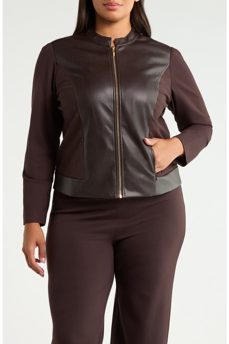 Faux Leather Trim Moto Jacket, Alternate, color, DEEP MAHOGANY