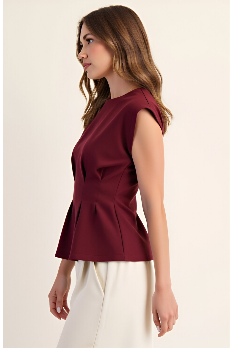 Cap Sleeve Peplum Top with Structured Pleats and Round Neck, Alternate, color, Burgundy