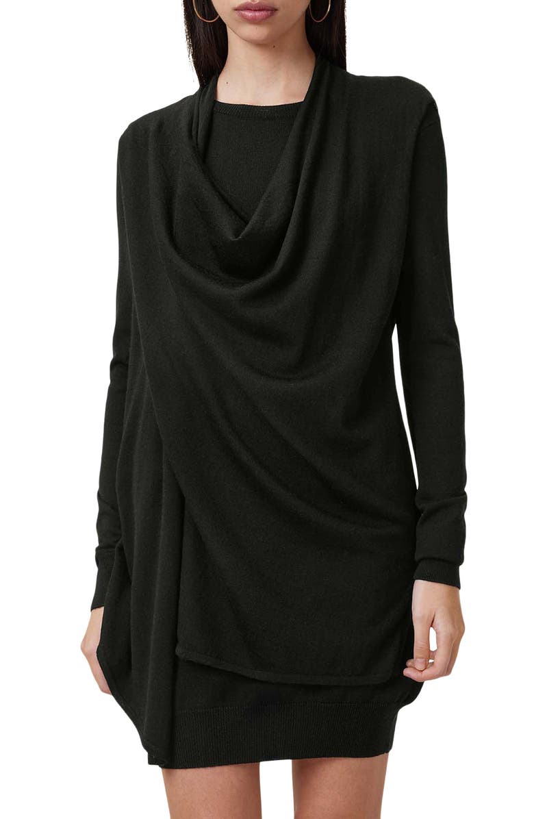 AllSaints Drina Draped Front Long Sleeve Merino Wool Dress, Alternate, color,