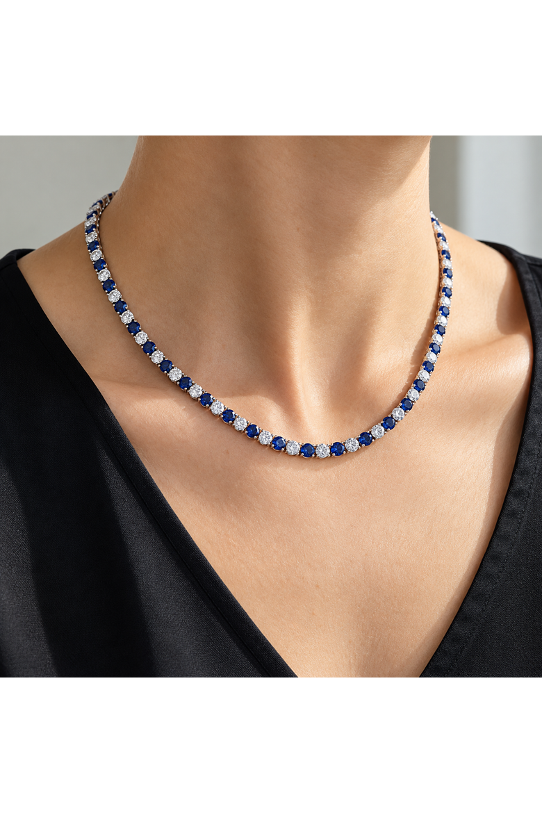 30Ct Blue Sapphire & Diamond Tennis Necklace 14k Gold 16.5" Lab Grown, Alternate, color, Yellow Gold